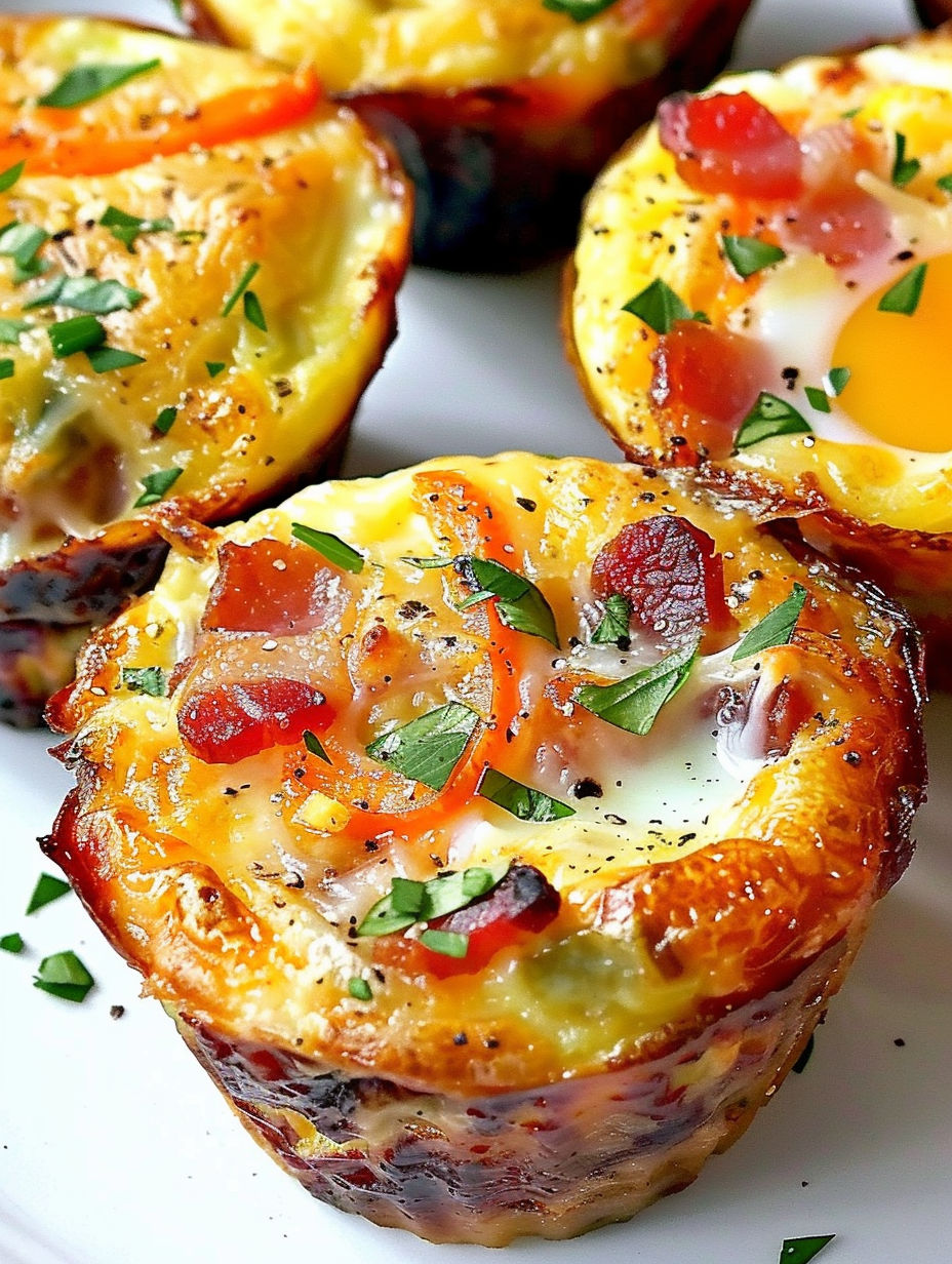 Three muffins with eggs and bacon.