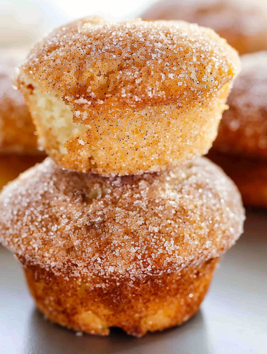 Three cinnamon sugar donuts stacked on top of each other.