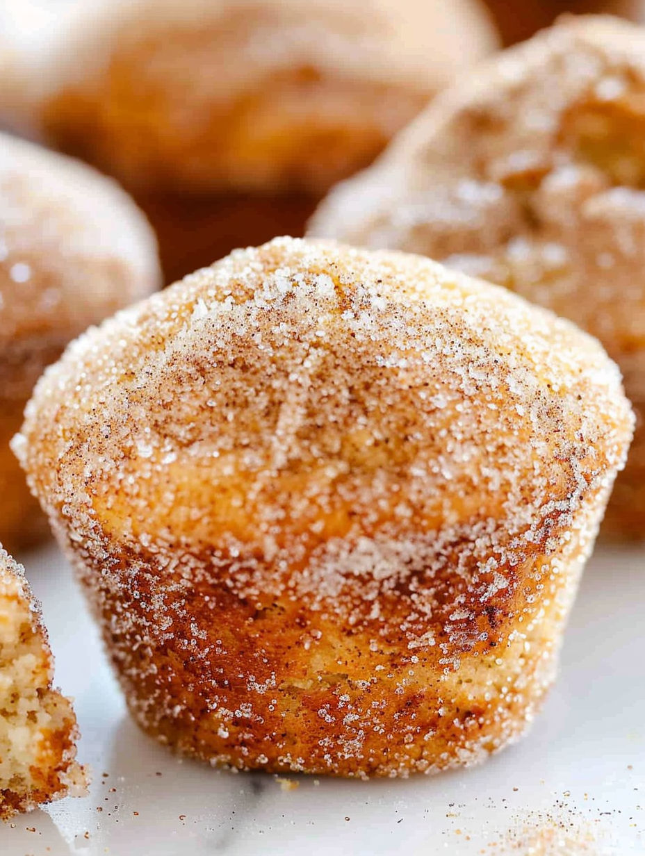 A close up of a cinnamon sugar donut muffin.