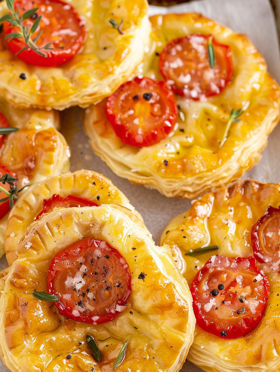 A close up of a tomato upside down pastry tart.