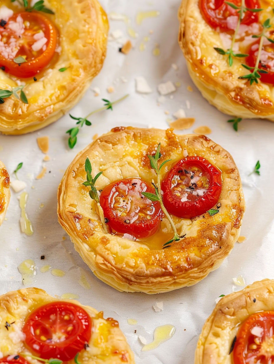 A close up of a tomato upside down pastry tart.