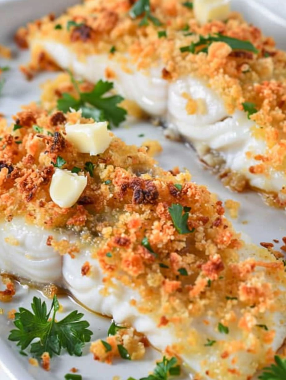A close up of a piece of fish with Parmesan cheese on top.