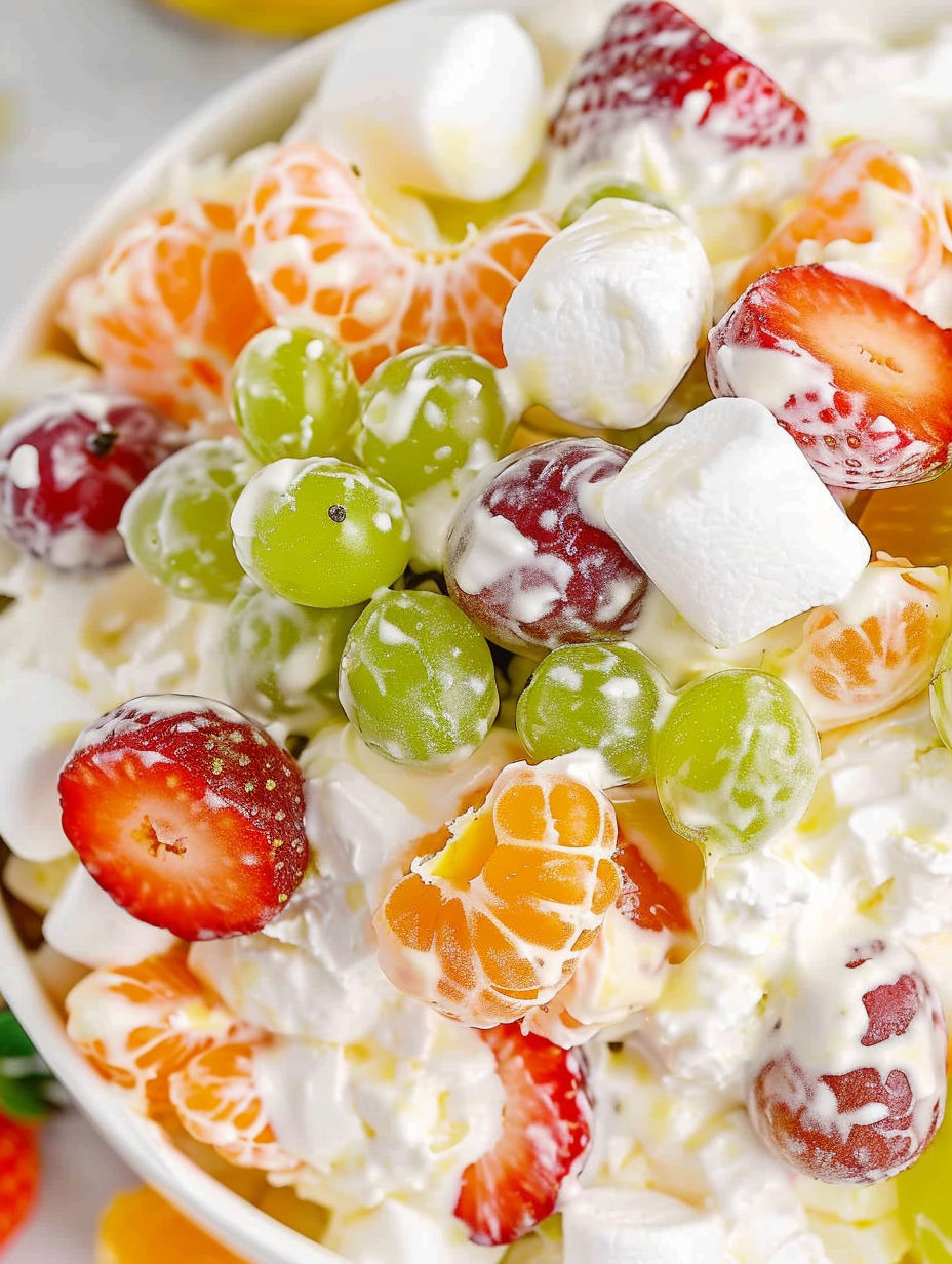 A bowl of fruit salad with strawberries, oranges, and other fruits.