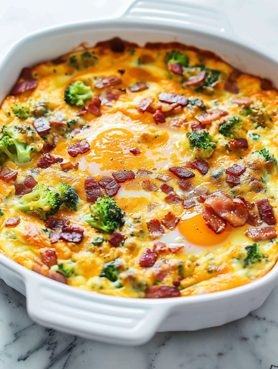 A close up of a delicious keto overnight breakfast casserole.