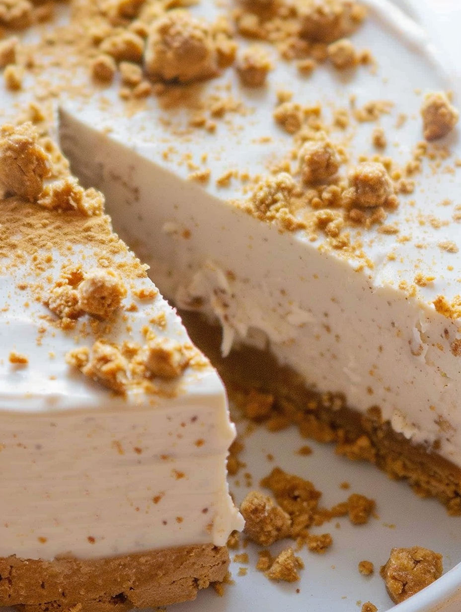 A slice of cake with a white frosting and a brown crumb topping.