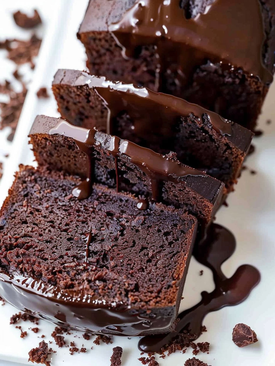A slice of moist chocolate loaf cake.