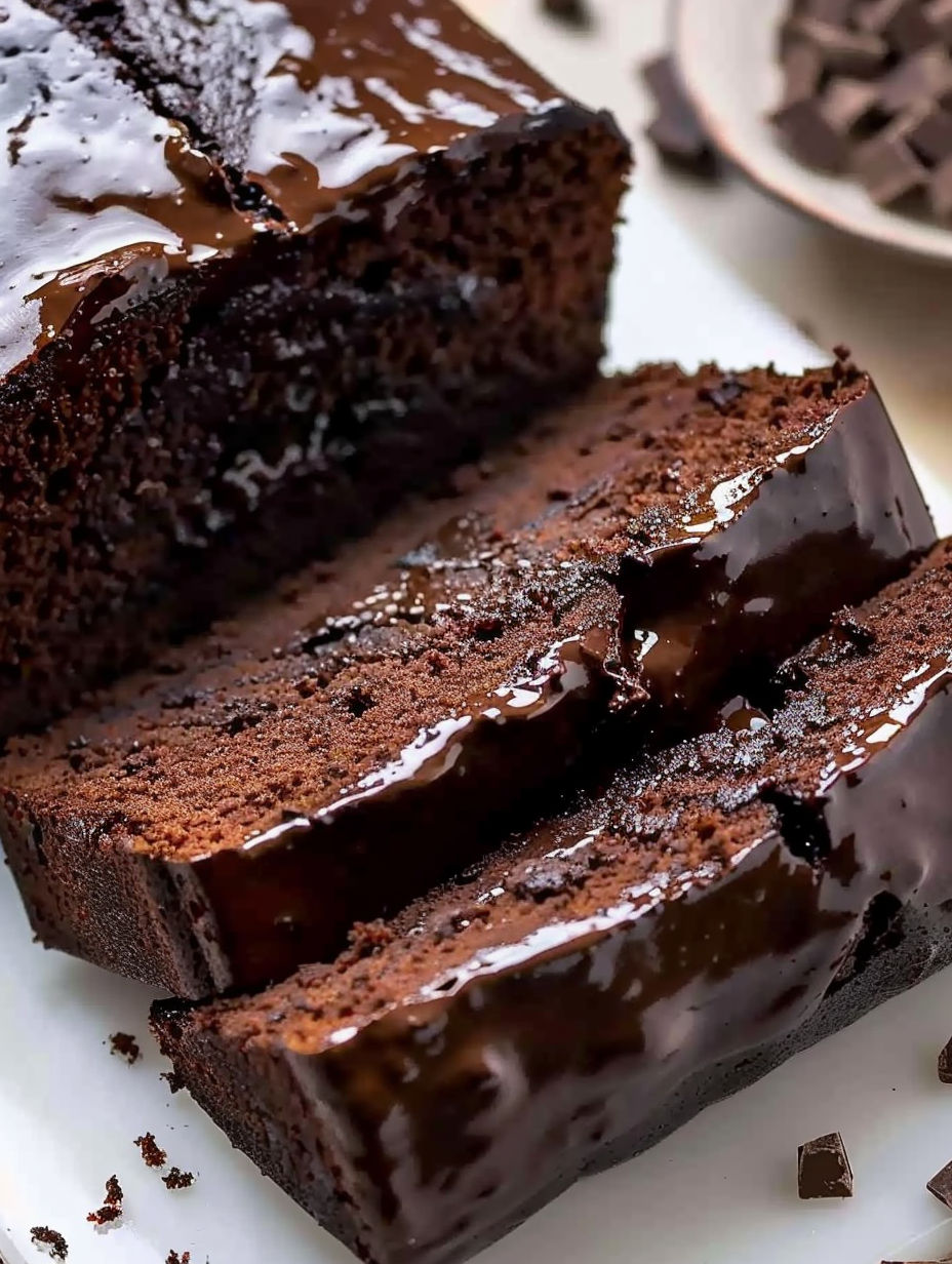A slice of moist chocolate loaf cake.