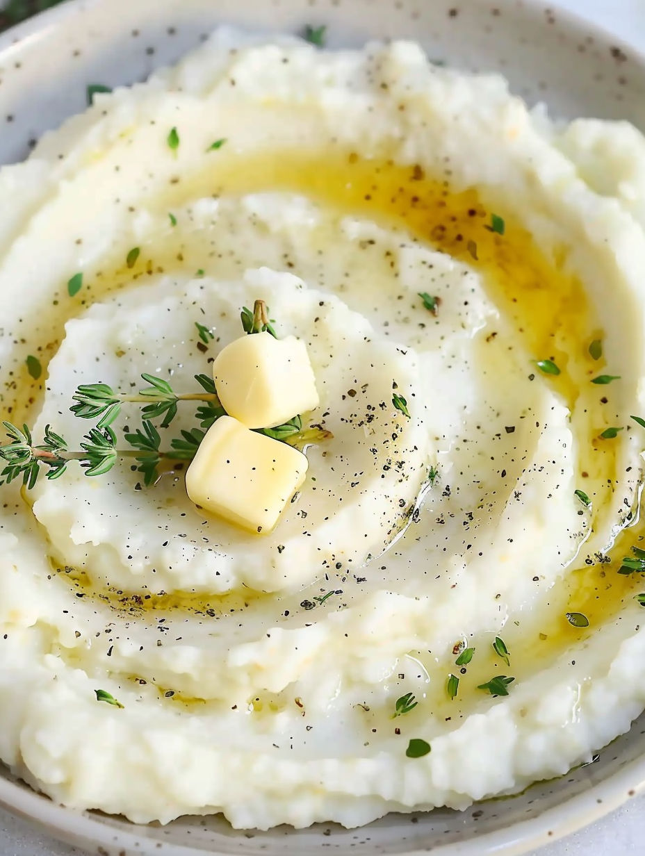 Mashed cauliflower with roasted garlic butter.