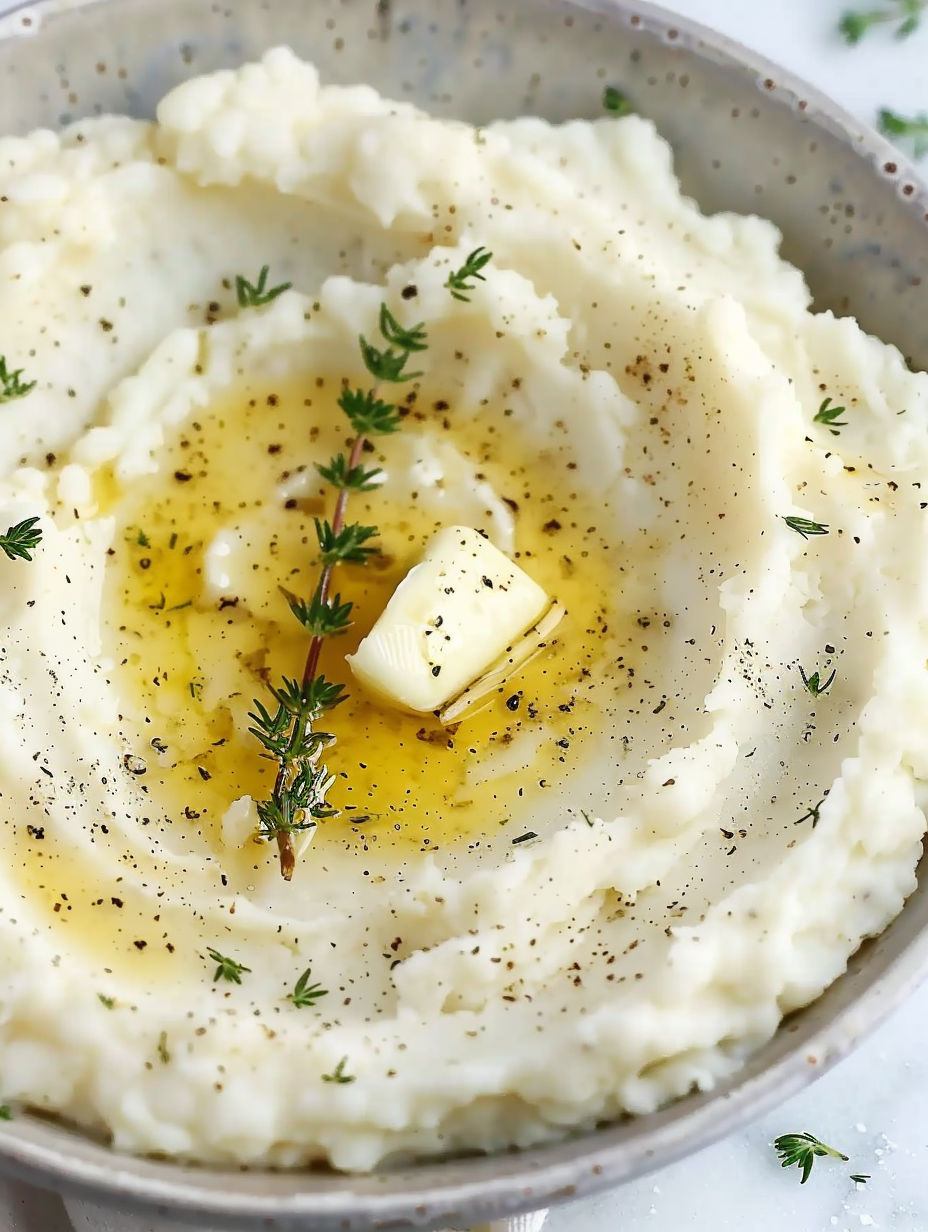 A bowl of mashed cauliflower with roasted garlic butter.