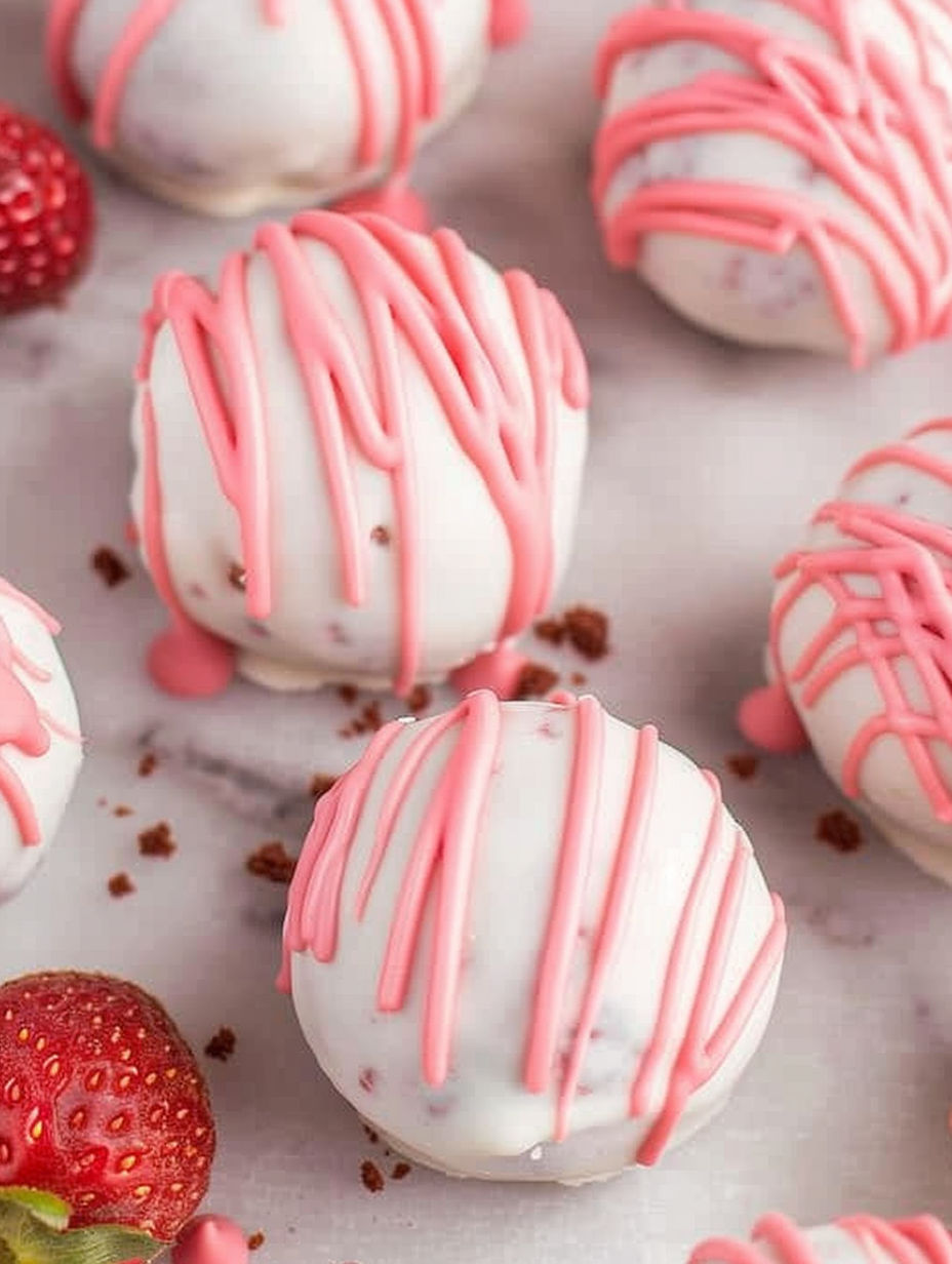 Pink and white Oreo balls with strawberries.