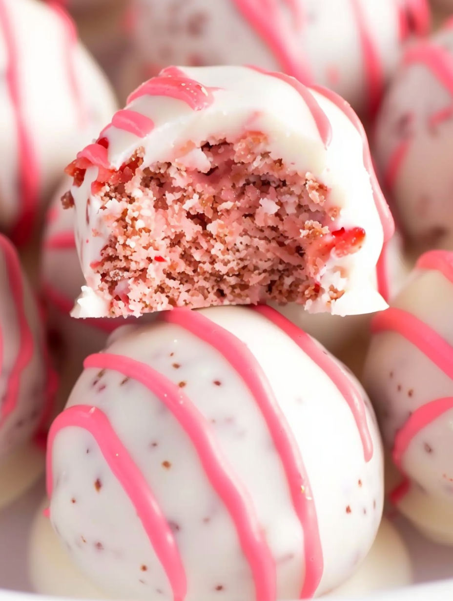 A close up of a strawberry shortcake oreo ball.