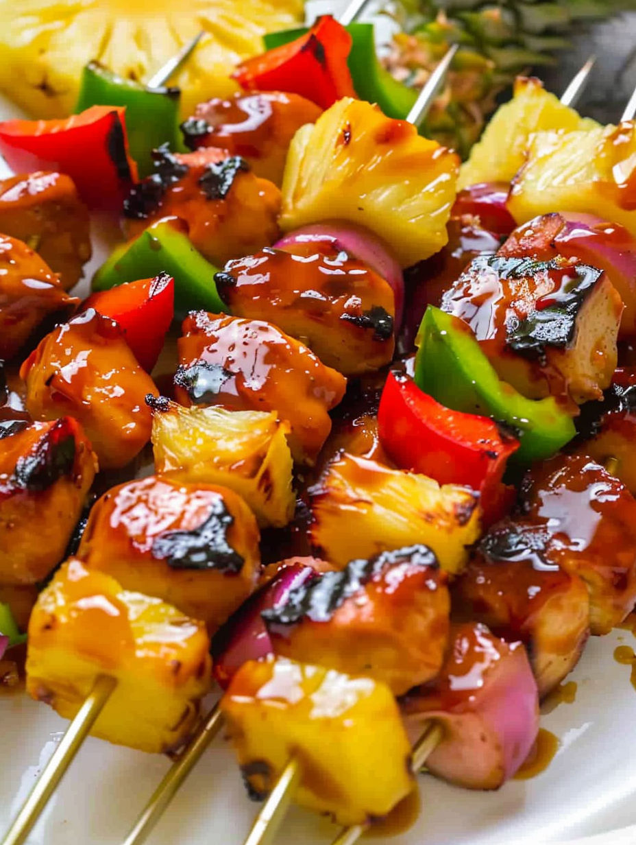 A plate of teriyaki chicken pineapple kabobs.
