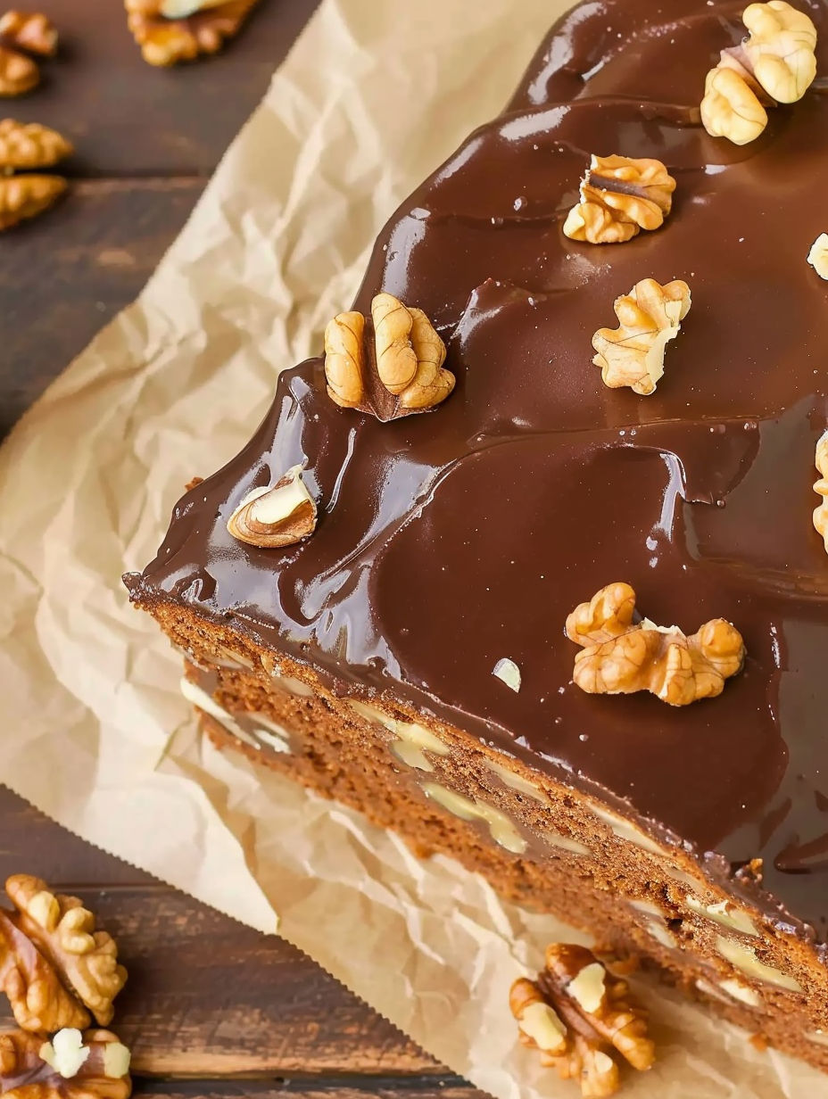A slice of Grandma's moist walnut cake.