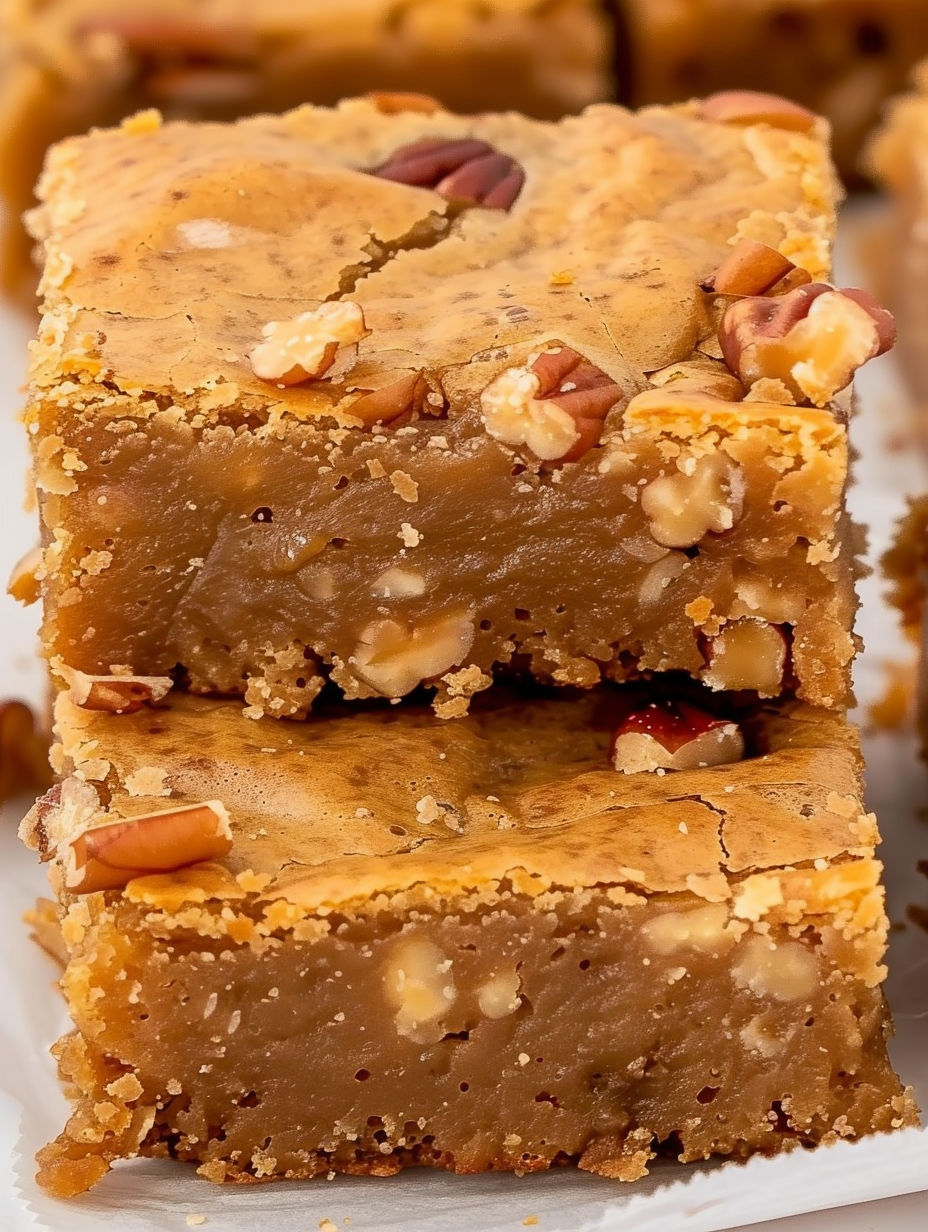 A square piece of butterscotch brownies.