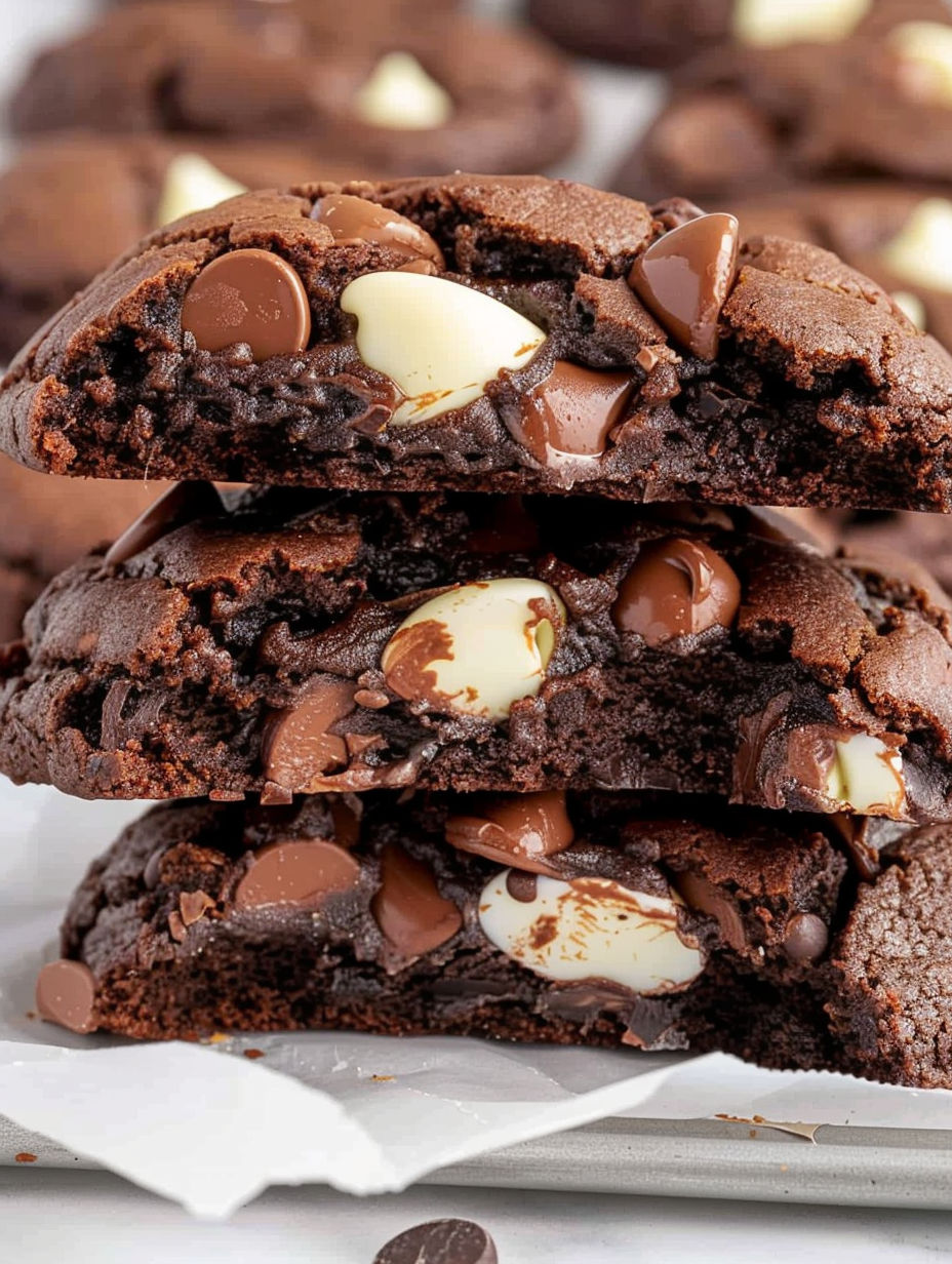 A close up of a chocolate dessert with white chocolate chips.