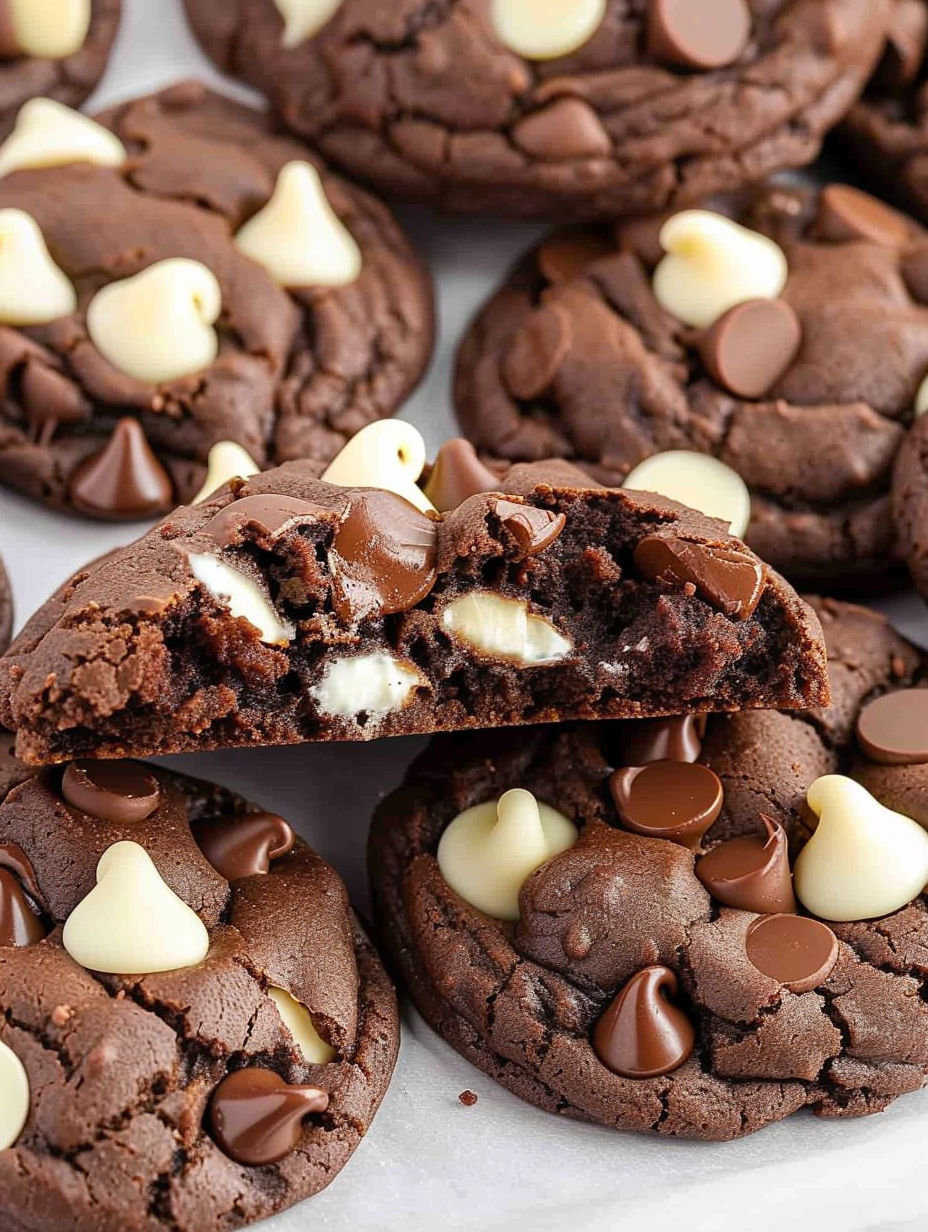 A close up of a chocolate cookie with white chocolate chips.