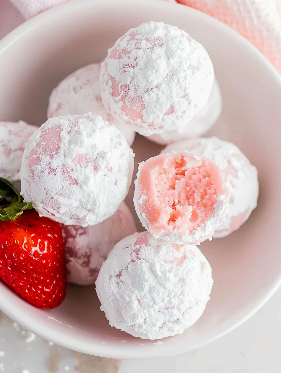 A bowl of white and pink desserts.
