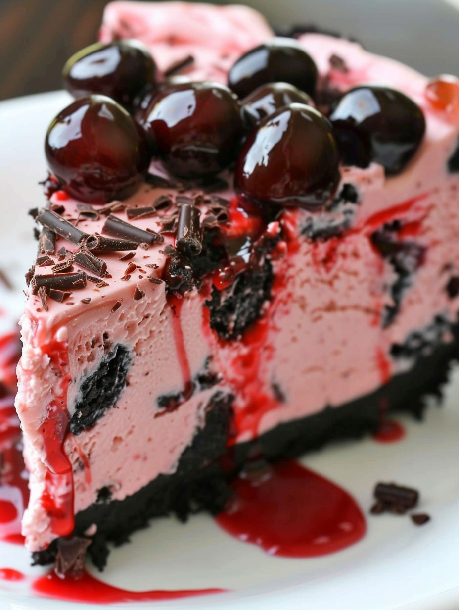 A slice of Oreo cherry chocolate chip no bake cheesecake.