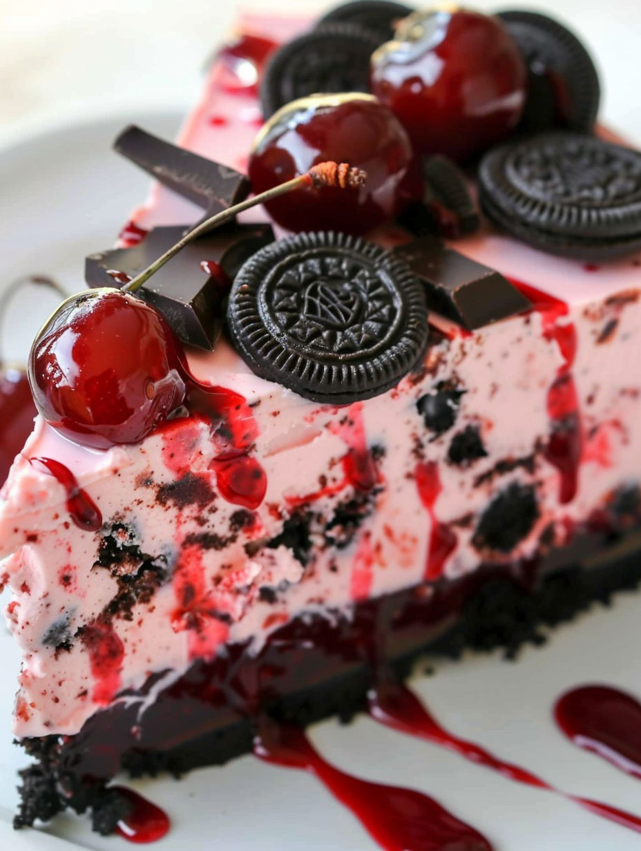 A slice of Oreo cherry chocolate chip no bake cheesecake.