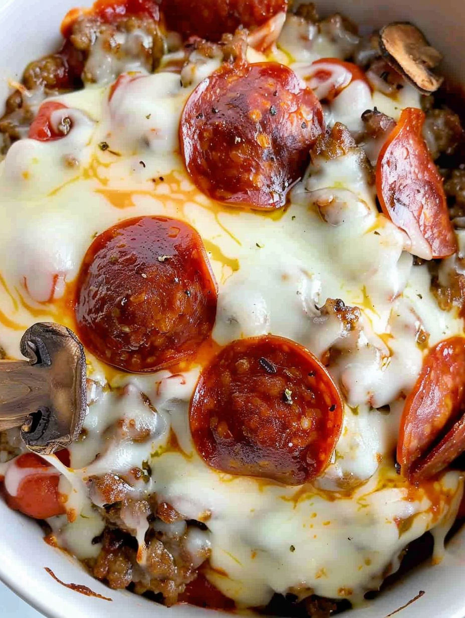 A bowl of pizza with pepperoni and cheese.