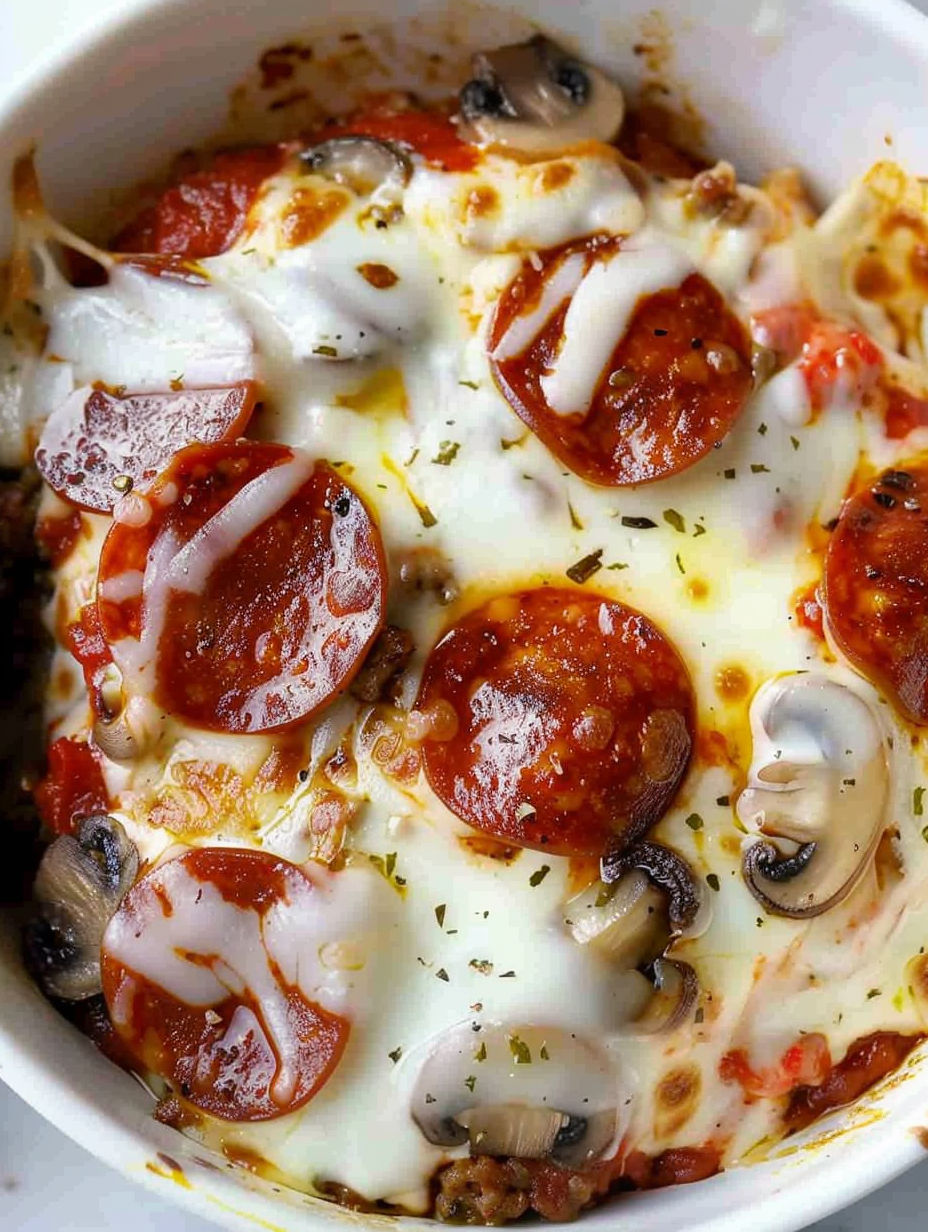 A close up of a keto pizza in a bowl.