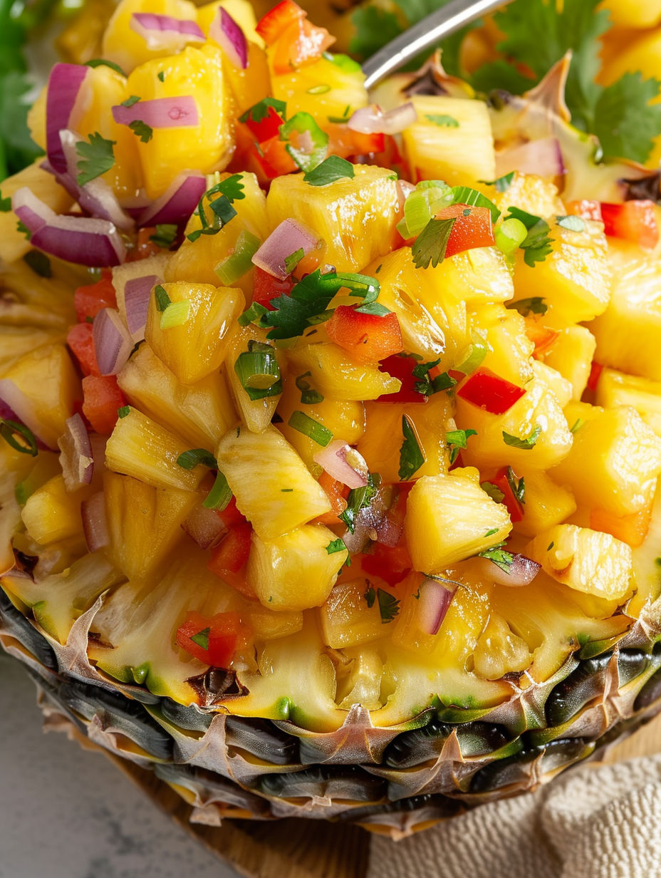 A close up of a pineapple mango salsa.