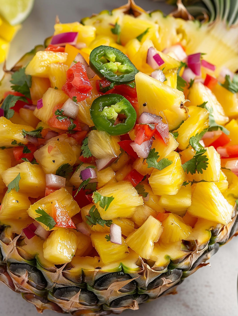 A close up of a pineapple mango salsa.