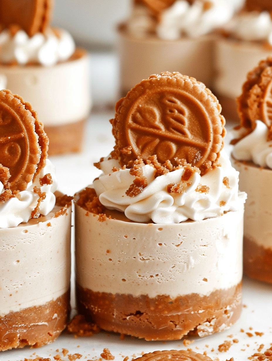 Mini No-Bake Biscoff Cheesecakes with cookies on top.