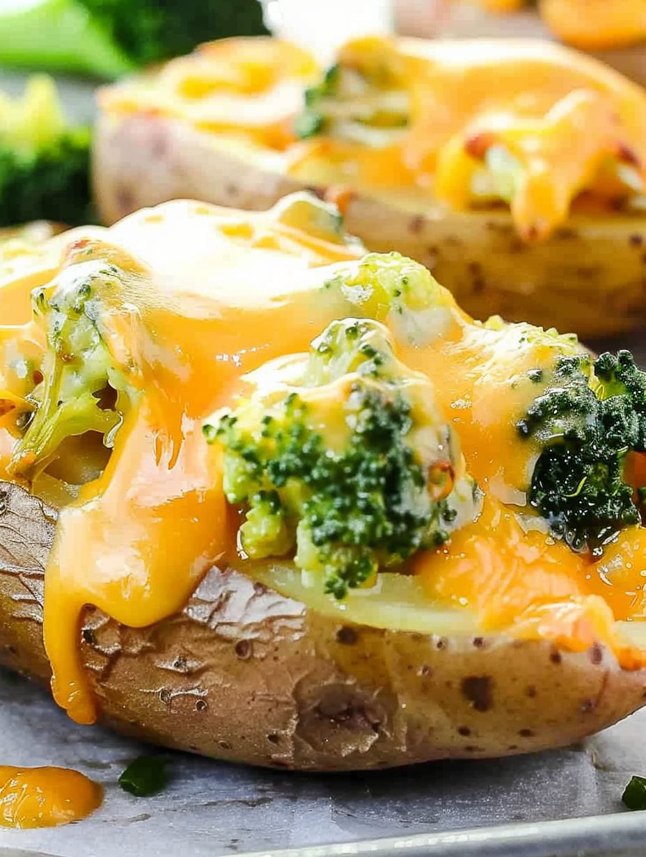 A close up of a potato with broccoli on top.