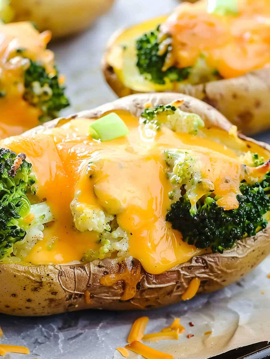 A close up of a baked potato with broccoli and cheese on top.