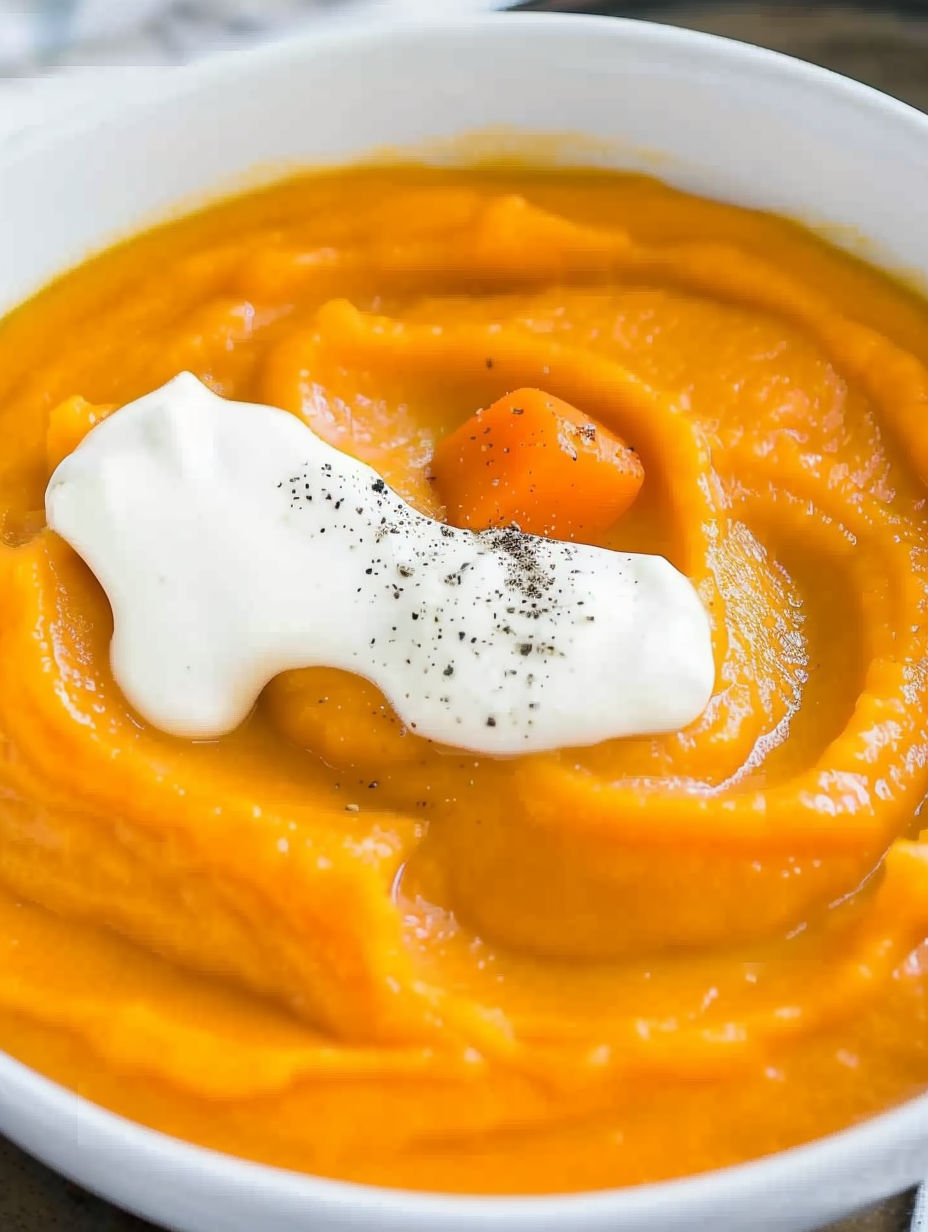 A bowl of creamy potato carrot soup with a dollop of cream on top.