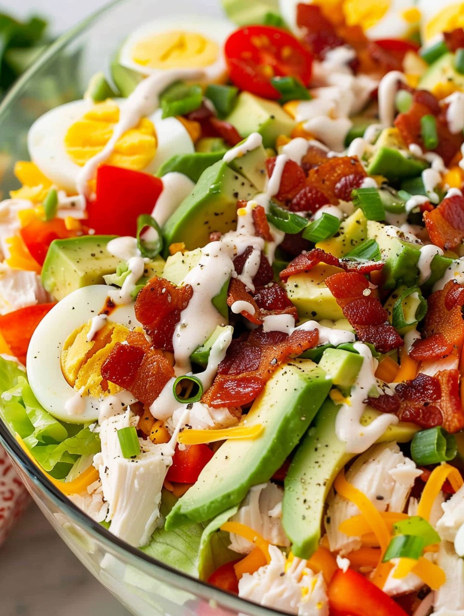 A bowl of chicken bacon ranch layered salad.