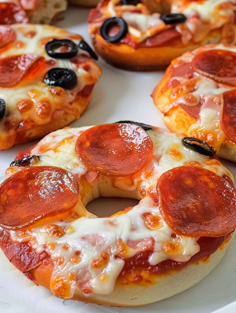 Air fryer pizza bagels with pepperoni and olives.