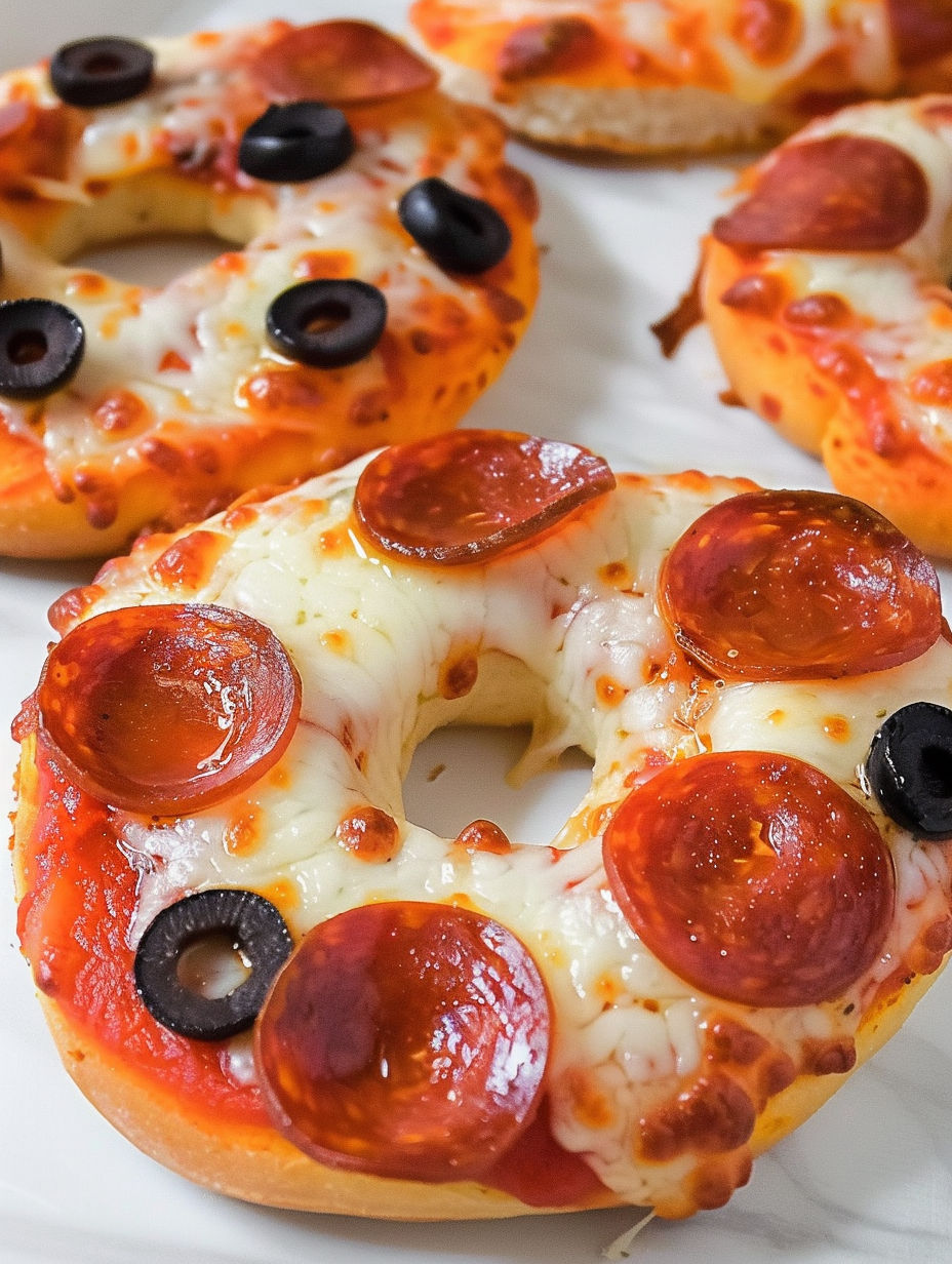 Two bagels with pepperoni and olives.