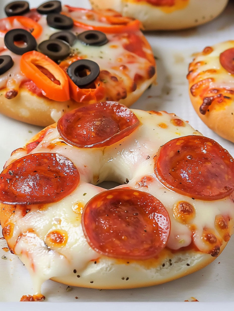 Two pizza bagels with pepperoni and cheese.
