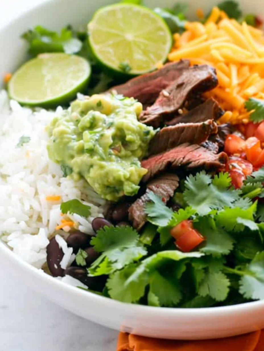 A bowl of food with rice, beans, steak, and avocado.