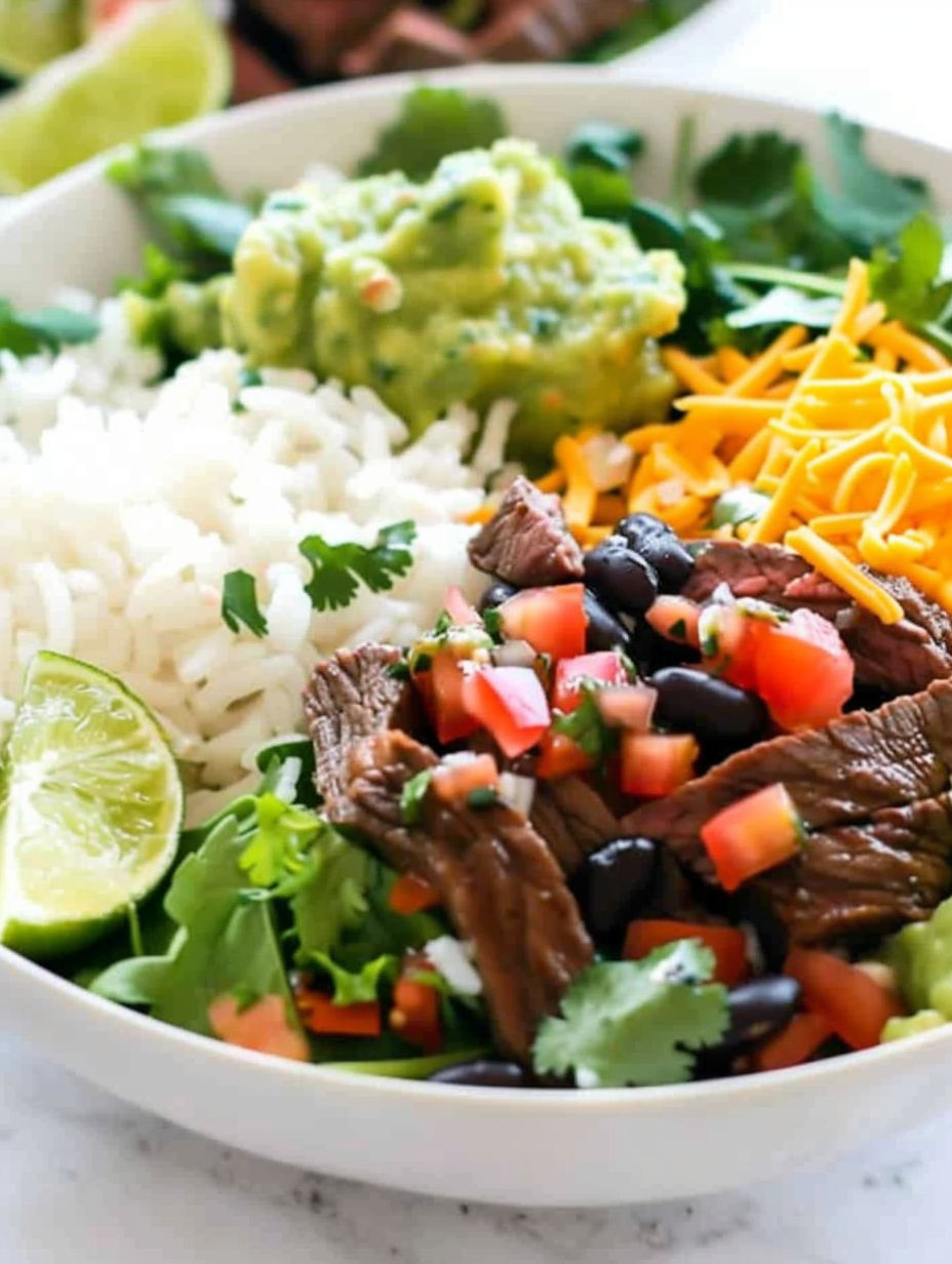 A bowl of food with meat, rice, beans, tomatoes, and cheese.