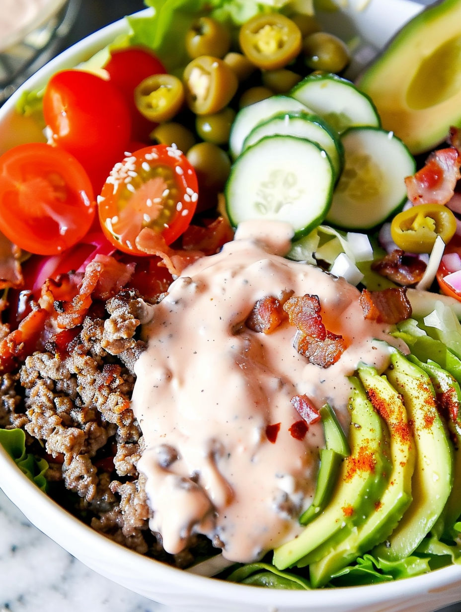 A bowl of food with meat, cheese, and vegetables.