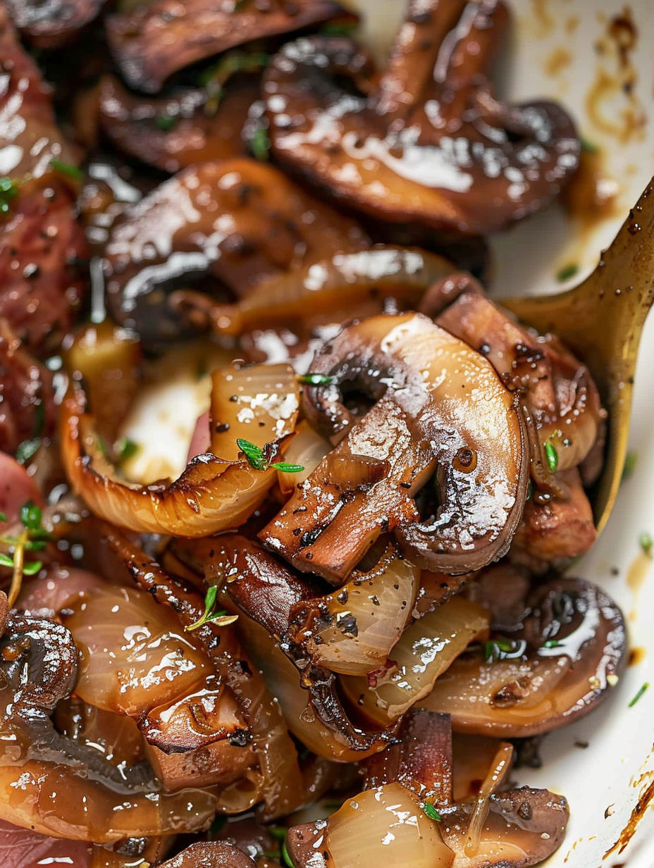 A plate of food with caramelized onions and mushrooms.