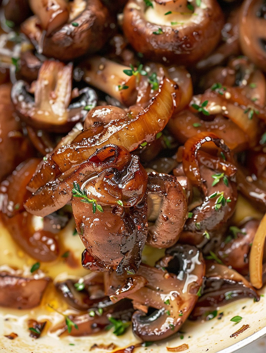 Caramelized onions and mushrooms on a plate.
