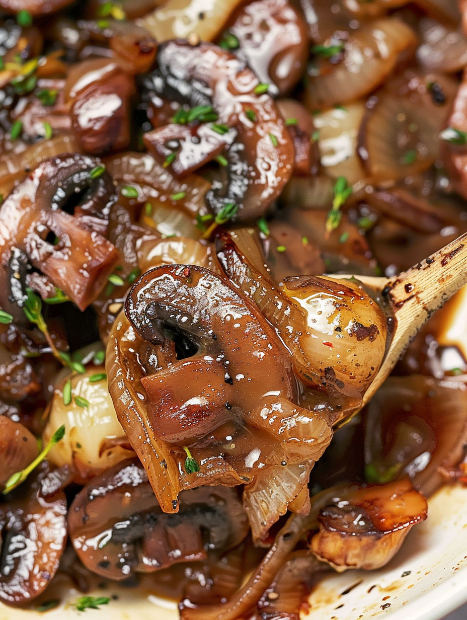 A close up of caramelized onions and mushrooms.