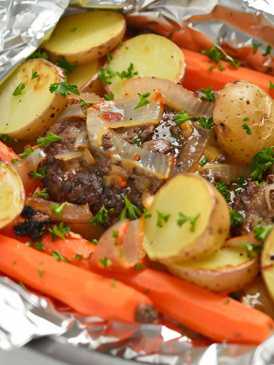 A beef and vegetable hobo dinner.