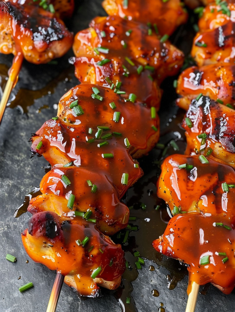 Grilled chicken skewers with honey and green onions.