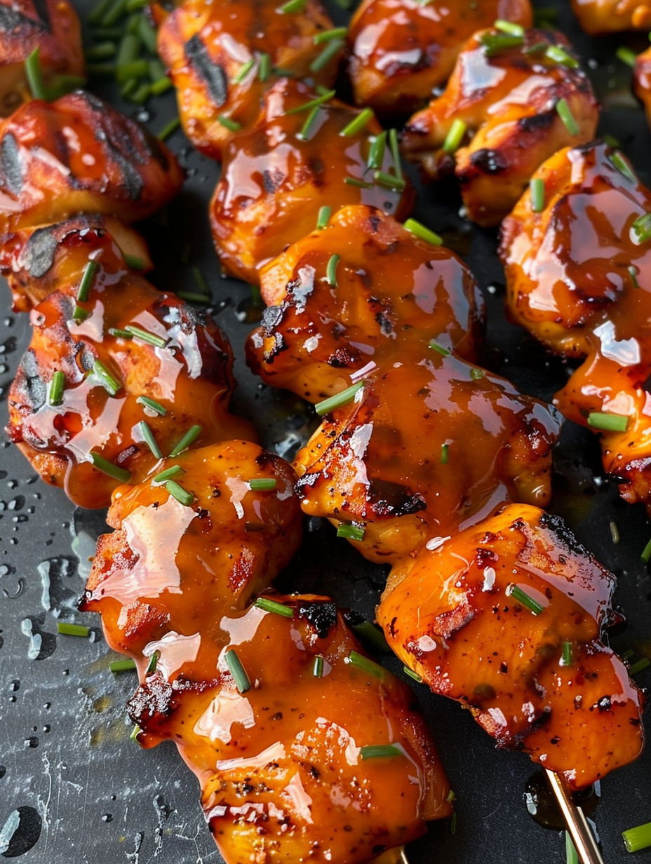 Grilled chicken skewers with honey glaze.