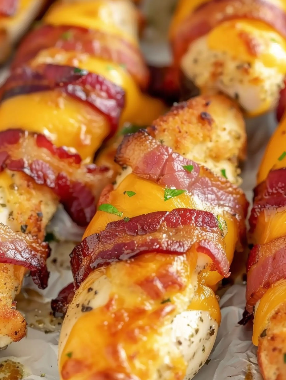 Crack chicken tenders with bacon wrapped around them.