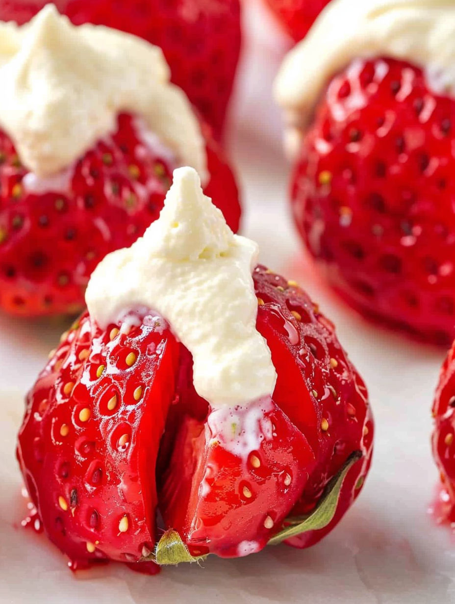 A close up of a red strawberry with white cream on it.