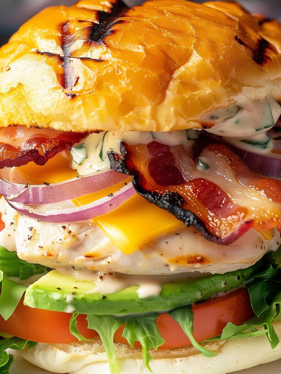 A grilled chicken sandwich with bacon and lettuce.