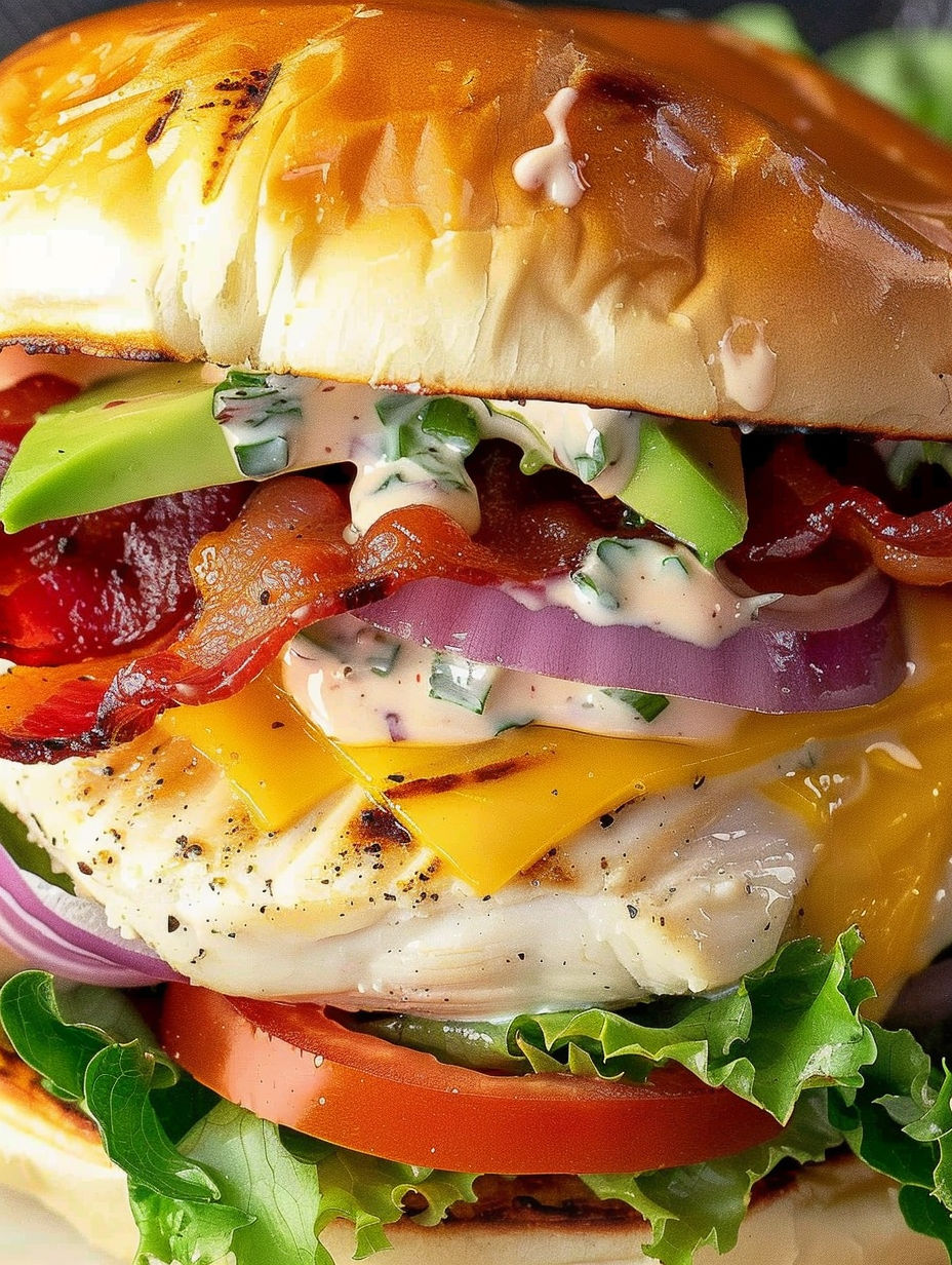 A grilled chicken sandwich with bacon, lettuce, tomato, and avocado.