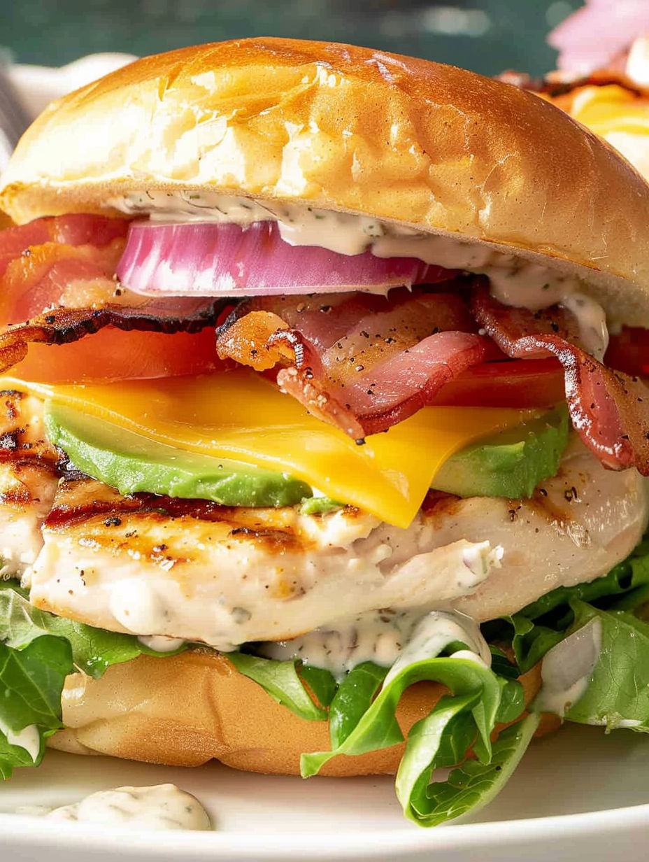 A grilled chicken sandwich with bacon, onions, and avocado.