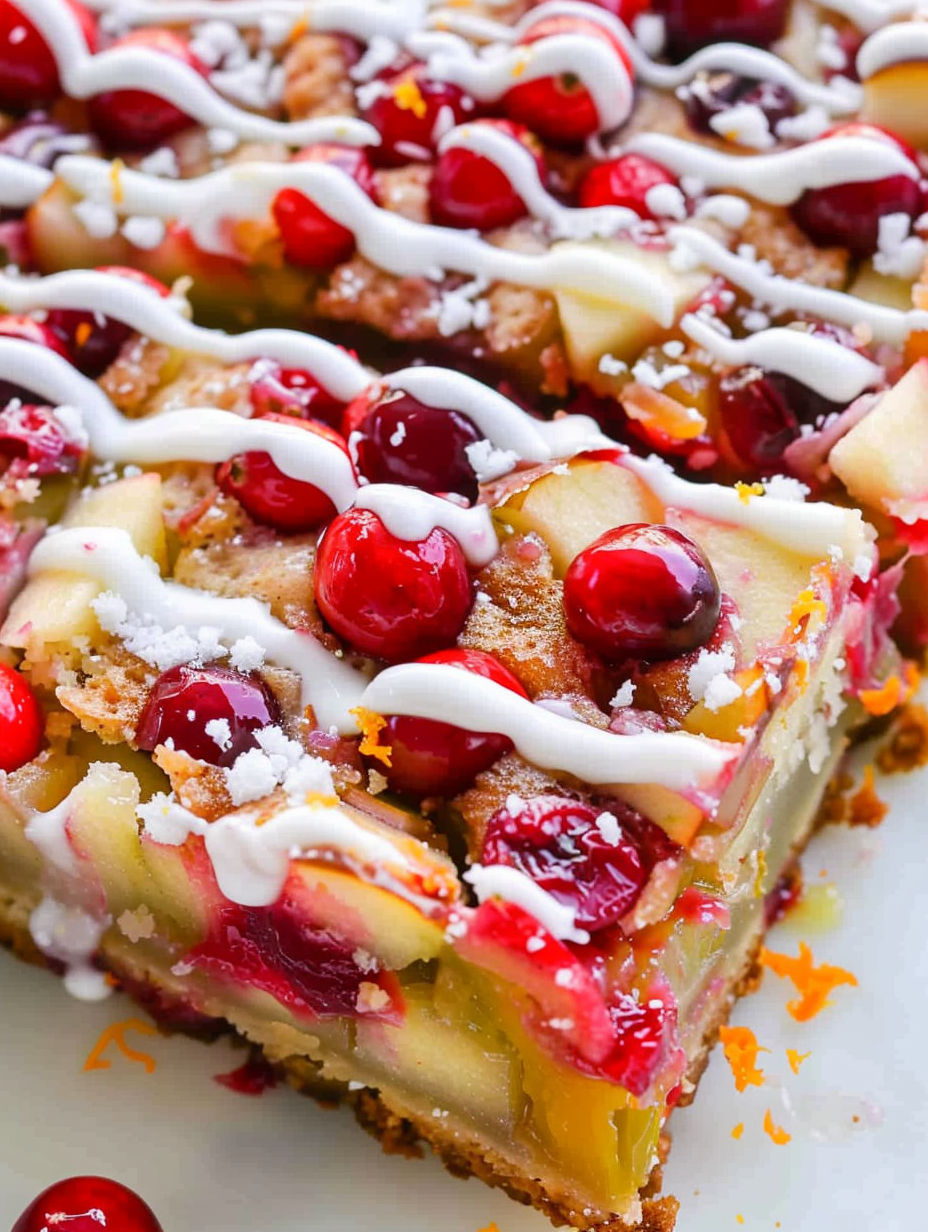 A slice of cake with white icing and red cranberries.